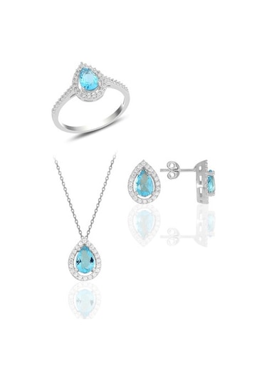 Gümüş Rodyumlu Akuamarin Taşlı Damla Modeli Üçlü Set