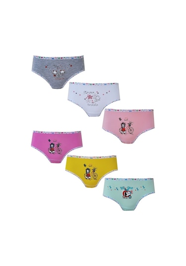 Tutku İç Giyim Baskılı Likralı Kız Çocuk Slip Külot 6'lı - Çok Renkli