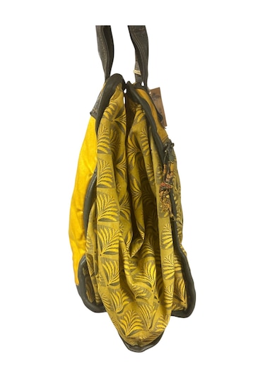 Kaliteli Eskitme Organik Vintage Salaş Desenli Günlük Gezi Seyahat Plaj Kadın Omuz El Çantası M Sarı Kahve