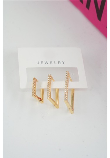 Byzeynaaksesuar Kadın Özel Tasarım Zirkon Taşlı 3'lü Minimal Küpe 0020 Çok Renkli