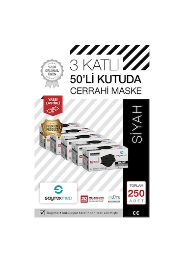 Saytekmed Meltblown Filtreli, Yassı İpli, 3 Katlı Siyah Maske (5 Kutu/250 Adet)