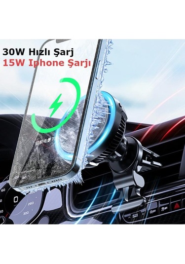 Gw02 Izgara Klipsli Işıklı Soğutmalı Ayaklı 30w Kablosuz Şarjlı Magsafe Araç İçi Telefon Tutucu Siyah
