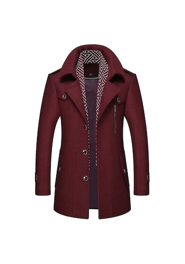 Erkek Yünlü Ceket Sonbahar Ve Kış Erkek Eşarp Yaka Mont Kaban Bordo