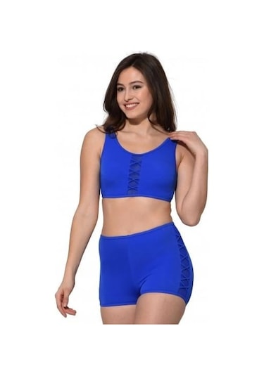 Markahit Argisa Tüllü Detaylı Şortlu Bikini Saks