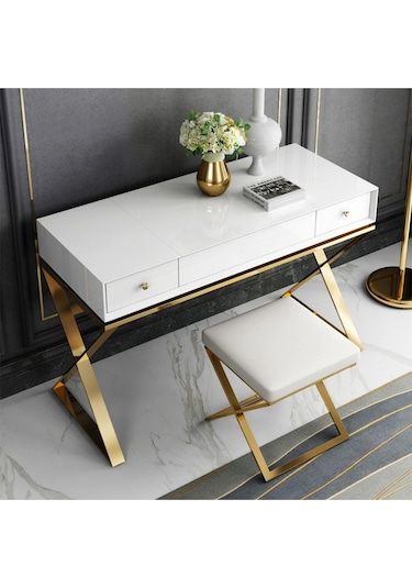 Alisha Gold Metal Beyaz Makyaj Masası & Tabure