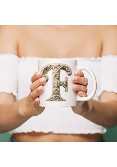 F Harfi Bardak, Monogram 330 Ml Barok Oymalı Görünüm Beyaz