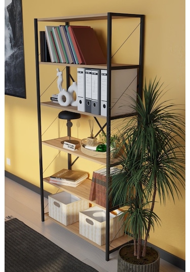 Dekoratif Metal Kitaplık 6 Raflı Kitaplık Dosya Rafı 180 Cm Çam
