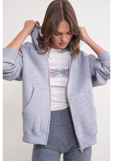 Mixray 2023 Unisex 3iplik Basic Polarlı Fermuarlı Sweatshirt Hoodie Gri