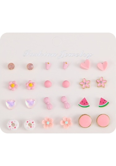 Chavin Çocuk Genç 12 Çift Mineli Figür Küpe Seti es96 Çok Renkli