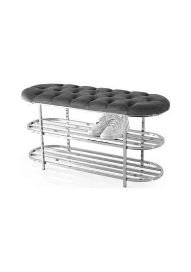 Kapitoneli Puf Bench Kapı Önü Metal Ayakkabılık Gri Pamir