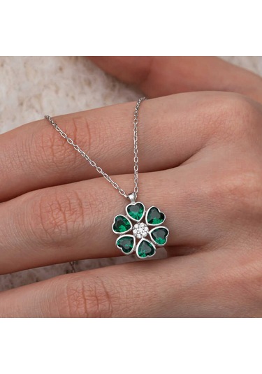 Gümüş Yeşil Kalpli Çiçek Kadın Kolye Sl10616 Gümüş