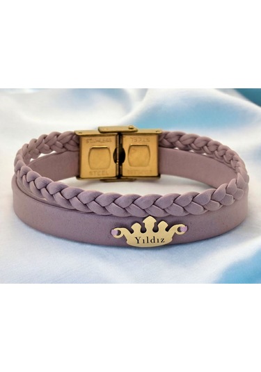Archin Yıldız İsmine Özel Taç Figürlü 14 Ayar Altın Plakalı Doğal Mor Derili Hediye Bileklik-637isim Yıldız