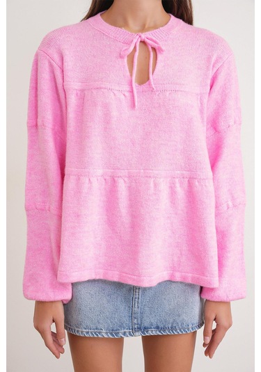 6950 Kadın Yakası Bağcıklı Pileli Triko Kazak Pembe Pembe