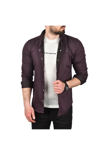 Deepsea Erkek Mürdüm Slim Fit Pamuklu Kot Gömlek Kolay Ütülenebilir Çıt Çıtlı Likralı Spor Gömlek 2502504 Mürdüm