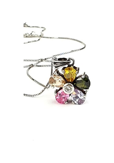 Renkli Zirkon Taşlı 925 Ayar Gümüş Tasarım Çiçek Kolye