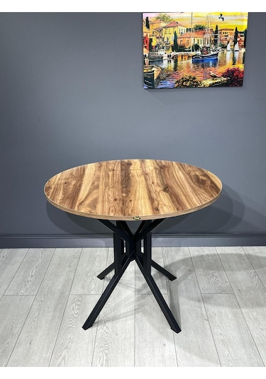 Sedef Kemençe Yuvarlak Mutfak Masası Yemek Masası Balkon Masası Metal Siyah Ayak 100 Cm