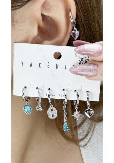 Çoklu, Zirkon Taşlı, Gümüş Pimli, Çelik Küpe 621, Gümüş Renk Gümüş