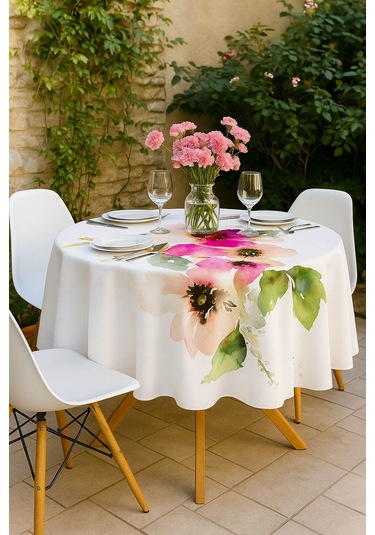 Yuvarlak Pastel Çiçek Desenli Duck Kumaş Masa Örtüsü 150x150 Cm Çok Renkli