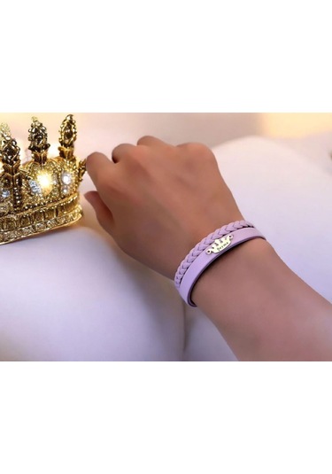 Archin Şeyma İsmine Özel Taç Figürlü 14 Ayar Altın Plakalı Doğal Mor Derili Hediye Bileklik-637isim Şeyma