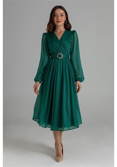 Dipmoda Kadın Kemerli Kruvaze Yaka Simli Gece Elbisesi Dpnbmy3590 Yeşil