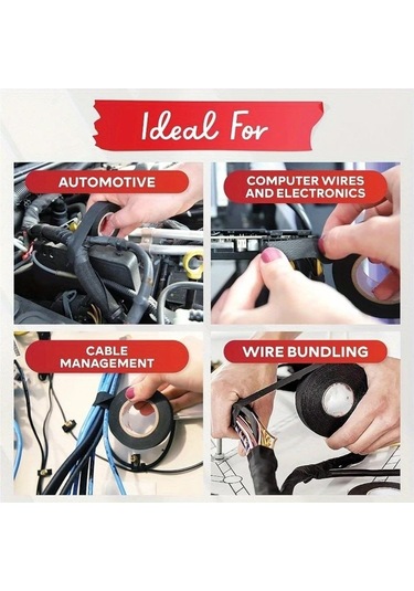 Honeybeeshop 10 Rulo 19mm X 10m Siyah Kimyasal Fiber Kordon Bantı Yüksek Sıcaklık Dayanıklı Otomotiv Elektrik Sarma Koruma İzolasyon