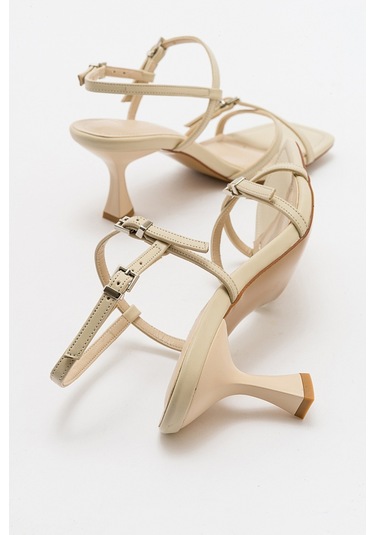 Luvishoes Nebel Ekru Cilt Kadın Topuklu Sandalet Ekru