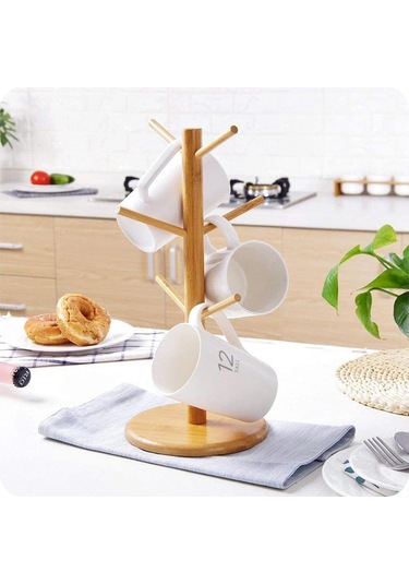 Youmex Bambu Bardak Tutucu, 6 Bardak Kapasitesi, Dürtme Engeli, Organik Malzeme, Mutfak Düzenleyici, Doğal Tarz, Anti Kayma Taban Ahşap