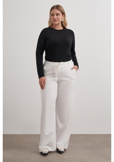 Beli Lastikli Geniş Paça Pantolon-6186 Beyaz