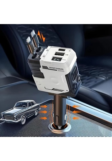 Fochsia Klasik Zarif Beyaz Süper Robot Stili Dörtlü Hızlı Araç Şarj Cihazı İki Usb Portlu İki Tel İle