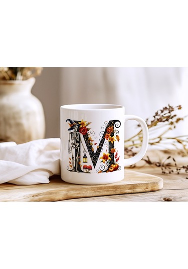 M Harfi Şapkalı İskelet Figürlü Ve Çiçekli Kupa Bardak - Cadılar Bayramı / Halloween Özel Hediye Beyaz