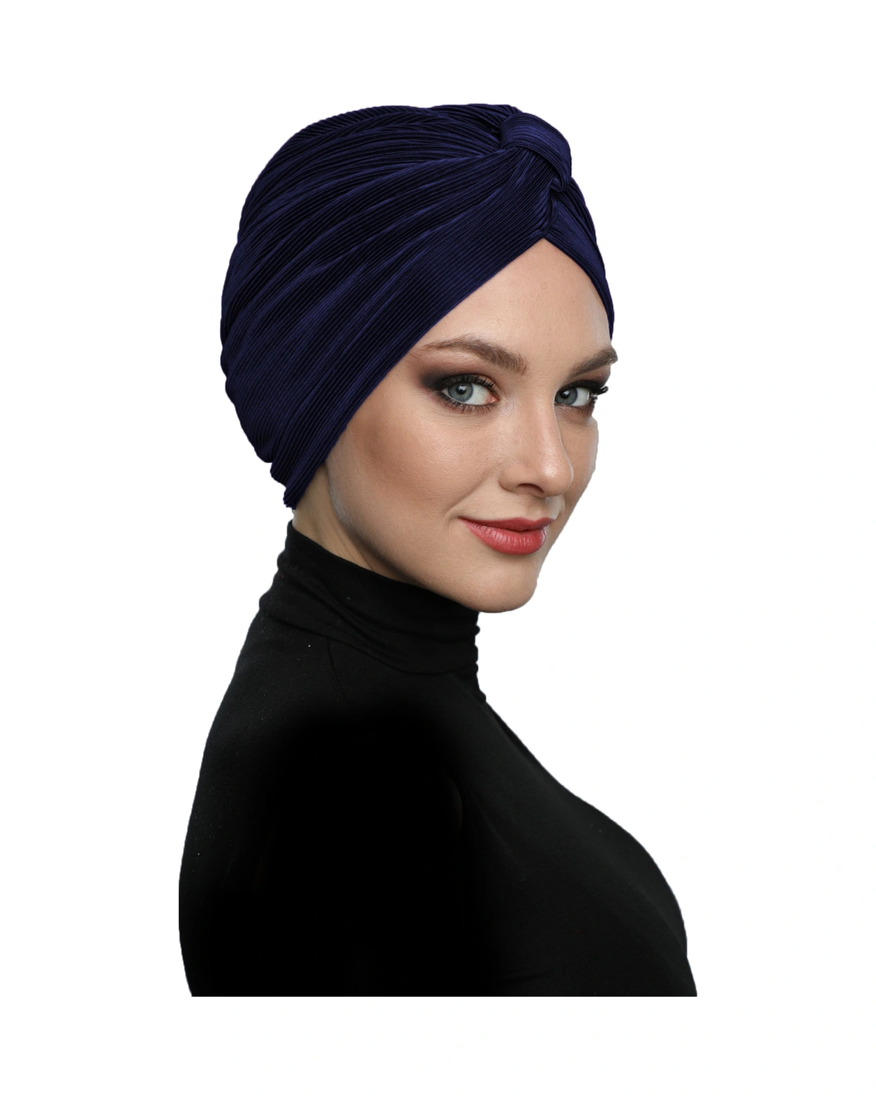 Çapraz Plise Bantlı Astarlı Lacivert Hazır Türban Tesettür Havuz Bonesi Lacivert