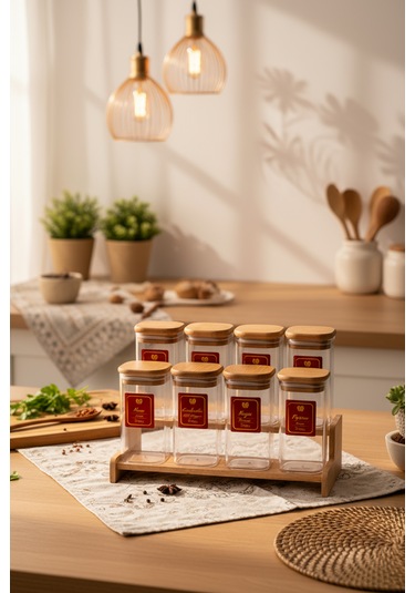 Snippy Lunver - 8'li Ahşap Standlı Vakumlu Etiketli Akrilik Saklama Kabı Baharatlık Seti 350 Ml Ahşap