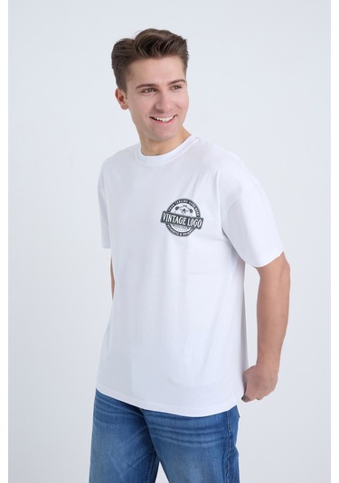 Erkek Oversize Baskılı T-shirt Beyaz Vintage Logo Beyaz