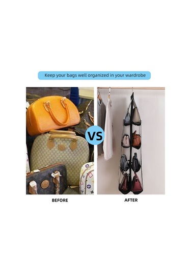 Singree 4 Katmanlı Çanta Organizatörü - 8 Cep, Metal Askılı, Toz Geçirmez, Dikey Saklama Çözümü Siyah