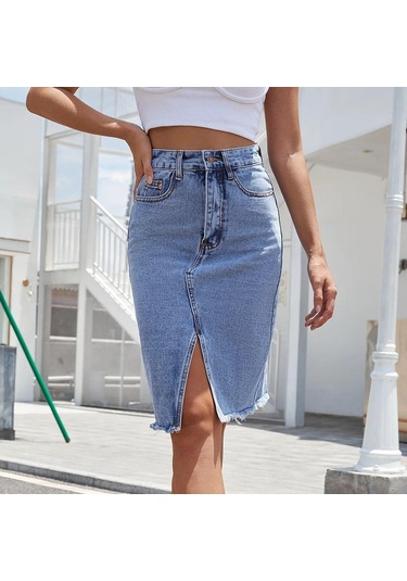 Qooth Kadın Casual Denim Kalem Etek Ins Cool Girl Midi Bölünmüş Hip Etek Qt2271 Mavi