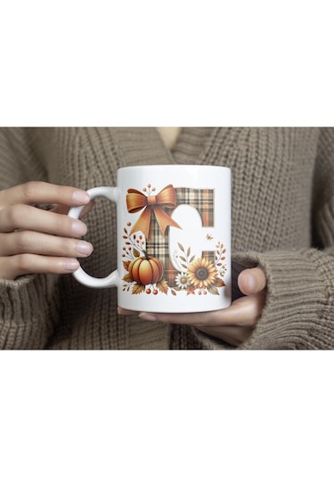 C Harfi Ekose Ve Sonbahar Temalı Kupa Bardak - Kişiye Özel Sıcak Tonlar Alfabe Kupa - Hediye Beyaz