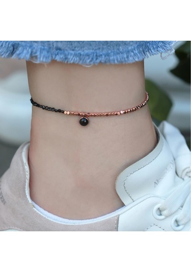 Oniks Taşlı Rose Gold Halhal Gümüş