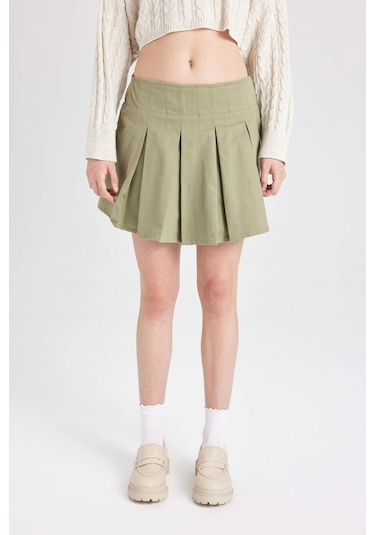 Defacto Coool Piliseli Normal Bel Basic Düz Gabardin Mini Etek D5265AX24AUKH461 Haki