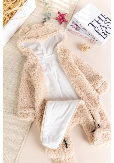 Kapüşonlu Ayıcık Fiğürlü Welsoft Peluş Kışlık Kız/erkek Bebek Tulum Bej