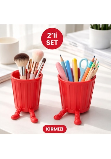 2 Li Set Sevimli Hareketli Ayaklı Dekoratif Organizer Masaüstü Saklama Kutusu Kırmızı