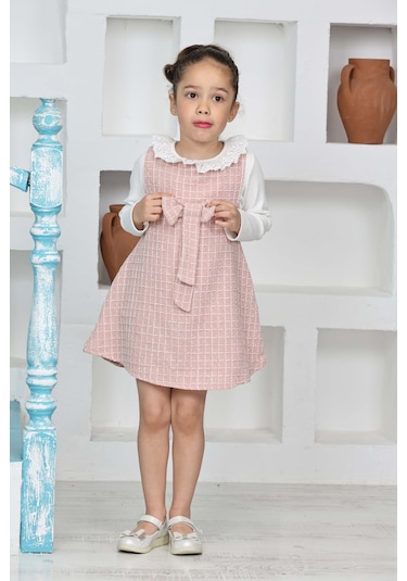 Kız Çocuk Şanel Kumaş 2'li Elbise Elbise+bady Bluz 12174 Gülkurusu