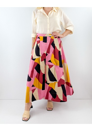 Modaonna Geometrik Desen Maxi Poplin Etek