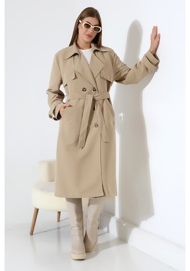 Amazon Keten Kumaş Diz Altı Yumuşak Dokulu Düğmeli Astarlı Trenç Kot Taş Taş