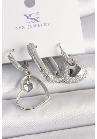 Pirinç Gümüş Renk Sallantı Zirkon Taşlı Kalp Model 3'lü Kadın Kombin Küpe Çok Renkli