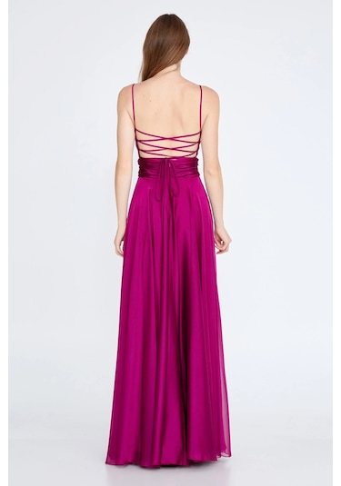 Doridorca Kadın Askılı Sırt Detaylı Uzun Abiye Elbise 5922022 Fuşya Fuşya
