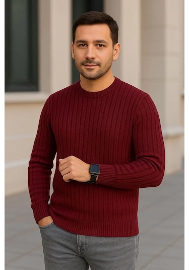 Erkek Bisiklet Yuvarlak Yaka Triko Kazak Pamuklu Kalın Fitilli Dokuma, Regular Fit Uzun Kollu Kışlık Bordo