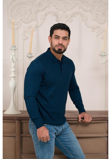 Woolen World Polo Yaka Slimfit Desenli Yünlü Erkek Triko Kazak İndigo