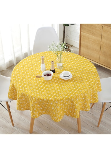 Ximistore9 Koyu Mavi Desenli Yumuşak Keten Masa Örtüsü - 120 Cm Daire Şekilli, Yıkama Dayanıklı, Renk Kaybı Olmayan, Modern Ev Dekoru Sari