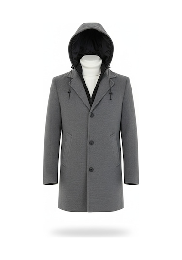 Erkek Gri Yün Karışımlı Kaşe Kapüşonlu Önü Fermuarlı Kaban-Gri