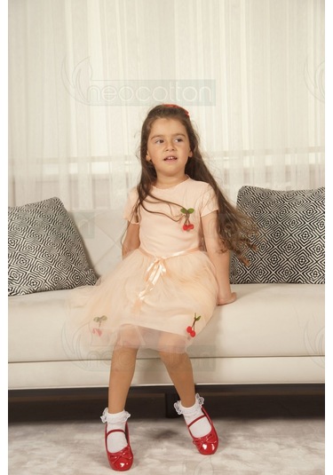 Tüllü Astarlı Esnek Kirazlı Elbise Kısa-somon Somon